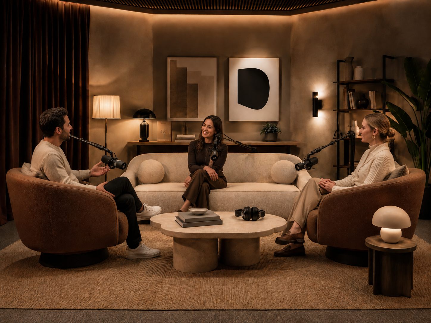 Three hosts recording in The Den's amber lamplight