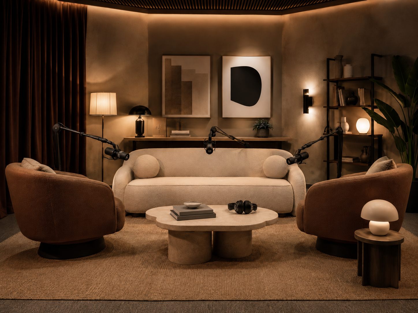 The Den — dark velvet room with four microphones ready