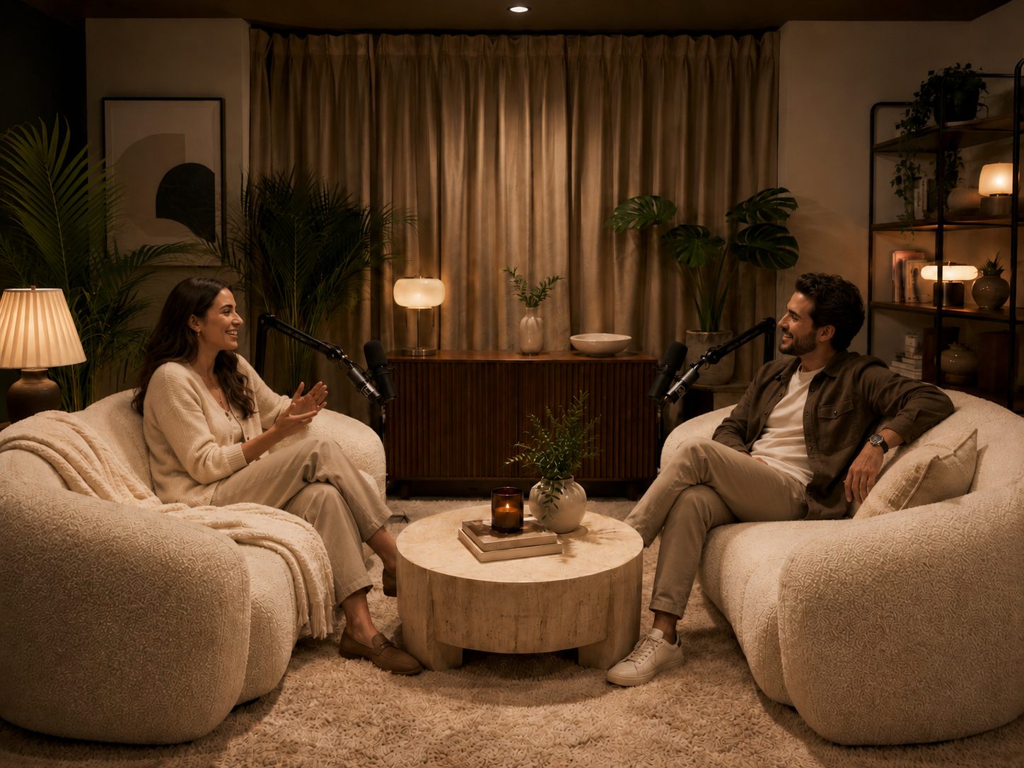 A host and guest mid-laugh in The Cocoon