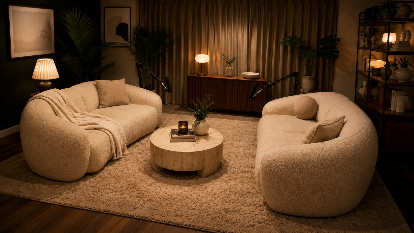 The Cocoon's shag rug and sofas