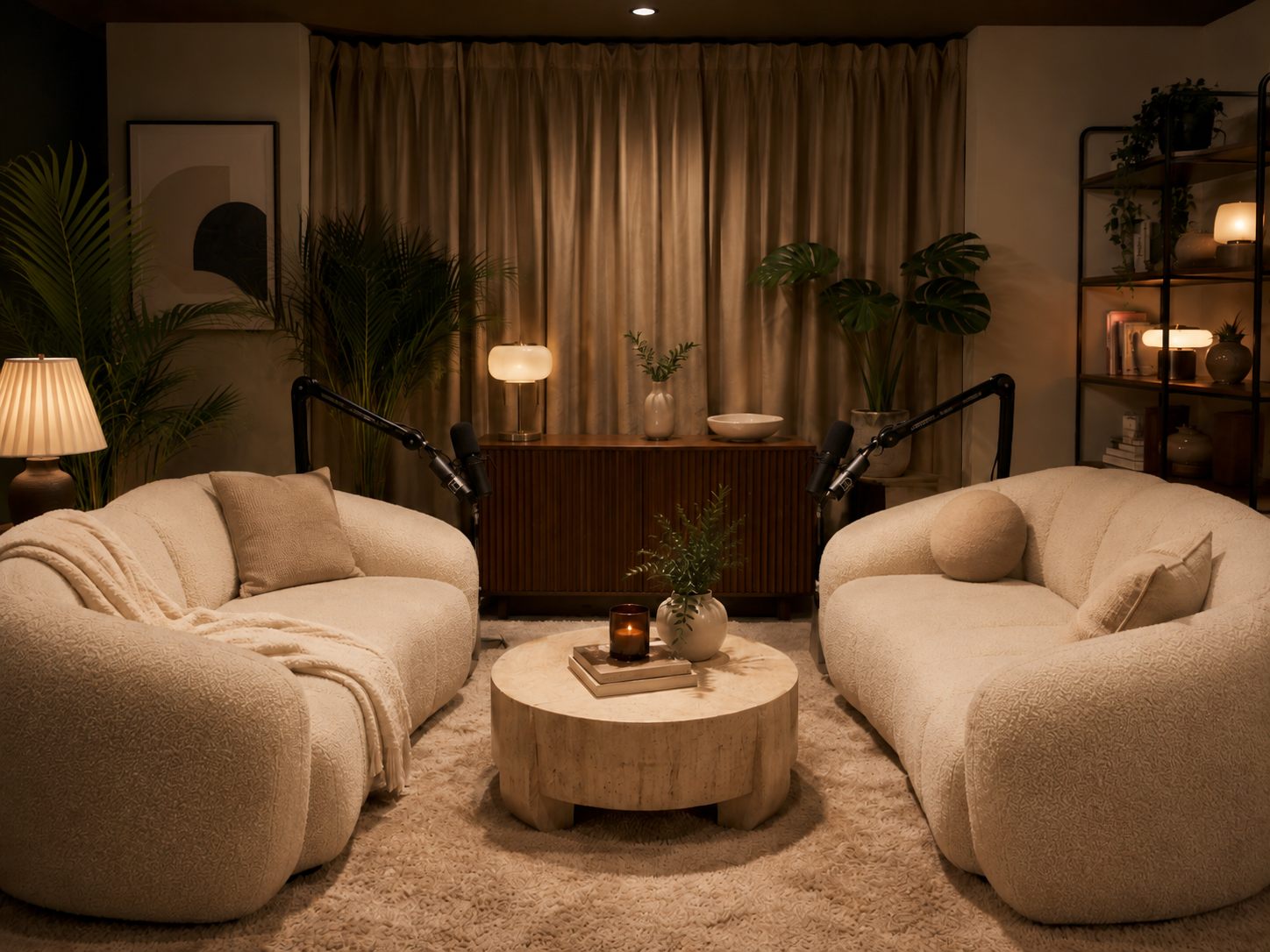 The Cocoon — boucle lounge with two microphones over facing sofas