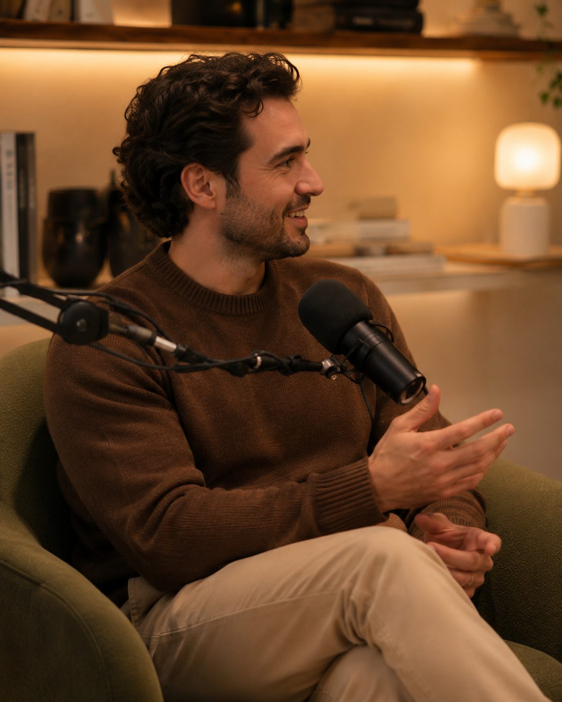 A host in The Solarium's olive armchair
